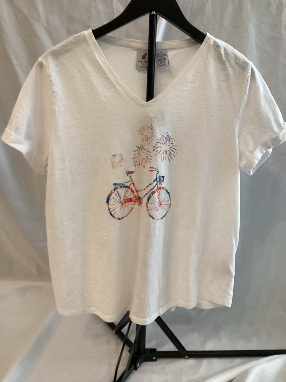 Caribbean Joe White V-Neck Tee with Red and Blue Bicycle Graphic
